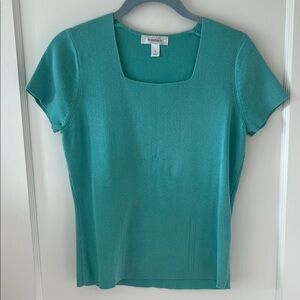 Dressbarn teal green Knit Top Square Neck Minimalist Tee retro preppy prep S